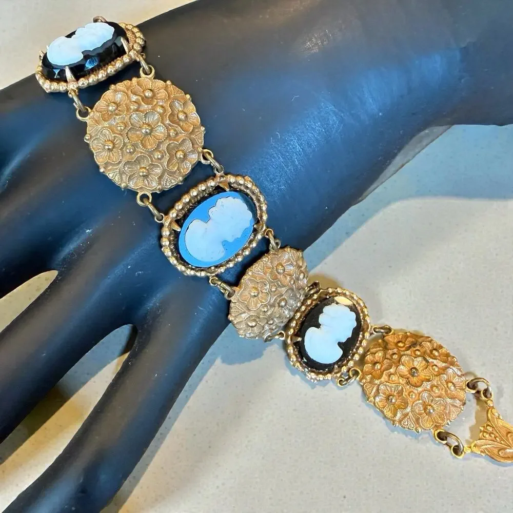 Vintage Victorian Revival Black & White Cameo Flower Panel Link Bracelet 8”